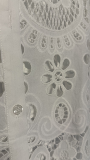 Camisa blanca de manga corta tipo crop top para mujer con diseño troquelado artesanal de OH.LA. Ropa femenina de algodón y poliéster para un fondo de armario elegante y versátil.