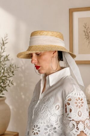 Perfil de una mujer luciendo un sombrero de paja trenzado a mano con una sofisticada lazada blanca que cae con delicadeza, combinado con una camisa blanca troquelada de la marca OH.LA.